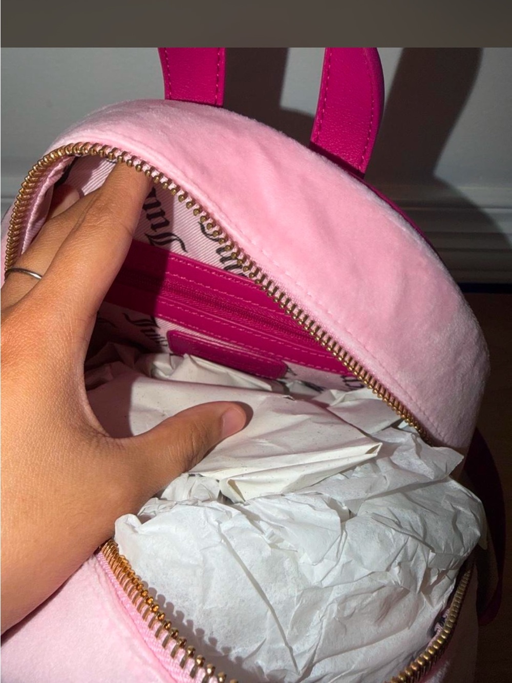 Juicy Couture Pink Velvet Kids Mini Backpack with Pom Charm - Picture 7 of 9